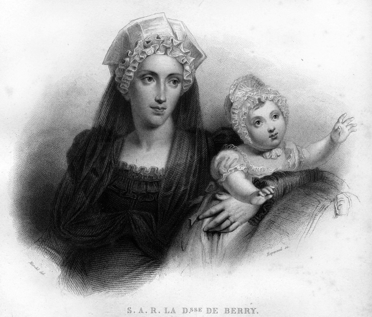 Marie - Caroline of Bourbon Sicily, Berryn herttuatar (1798-1870) leskenpukuissa, pitelee tytärtään Louise Marie Therese of Artois