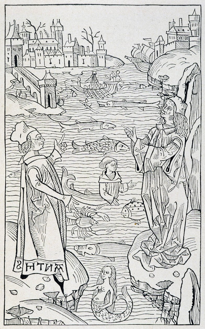 Merieläimet ja hirviöt - "" Hortus Sanitatis" -luvun "" De Piscibus"" otsikkosivu, Mainzin vuoden painos tekijältä Unknown artist