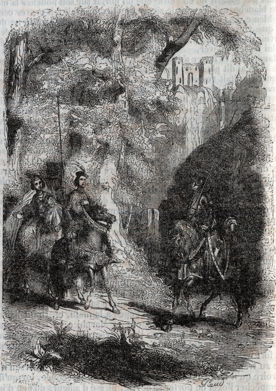 Marphise (Marfisa) ja vanha nainen tapaavat Pinabelin (Pinabello) - kaiverrus vuodelta 1851 Ludovico Ariostosta "" Furious Roland"" (1500-luku), joka tunnetaan nimellä Ariosta - Tressanin kreivi kääntänyt italiasta ja julkaisija tekijältä Unknown artist
