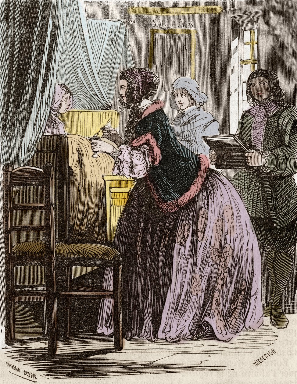 Marquise de Brinvilliers myrkyttää Pariisin Hotel Dieun potilaita. tekijältä Unknown artist