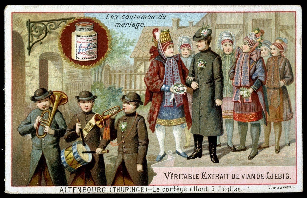 Avioliittotapa: kulkue Altenburgin (Thuringia) kirkkoon - kromo. Liebig, v. 1895 tekijältä Unknown artist