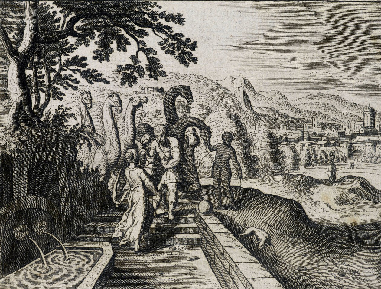 Iisakin ja Rebeccan avioliitto. Kaiverrus 1600-luvun Raamatusta. tekijältä Unknown artist