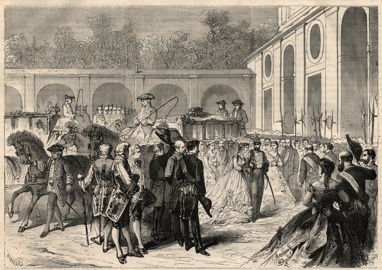 Espanjalaisen Marie-Isabellen (Marie Isabelle) (Isabel de Borbon y Borbon) (1851-1931) ja Gaetan de Bourbon-Siciliesin (Bourbon Sicilies) (1846-1871), Agrigenton kreivin (Girgenti) avioliitto: saapuminen kortege Atochan kuninkaallisessa basilikassa tekijältä Unknown artist