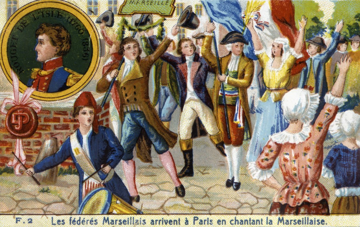 Marseillen liittovaltiot saapuvat Pariisiin laulaen Marseillaisea - kromo., 1800-luvun loppu tekijältä Unknown artist