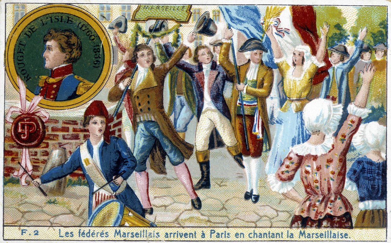 Marseillen liittovaltiot saapuvat Pariisiin laulaen Marseillaisea - kromo., 1800-luvun loppu tekijältä Unknown artist