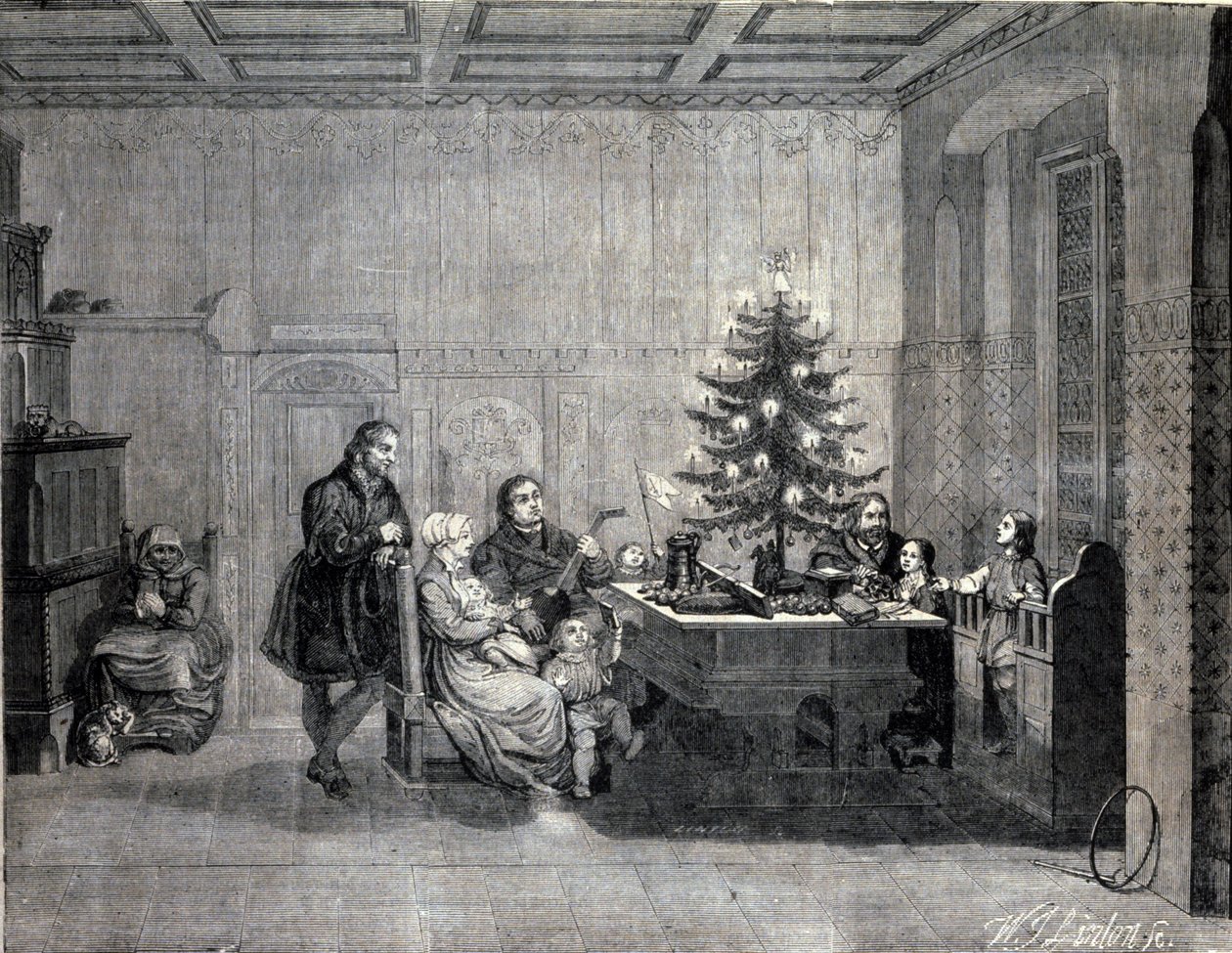 Martin Luther (1483-1546) saksalainen uskonpuhdistaja, joka viettää joulua perheen kanssa. Kaiverrus 1800-luvulta tekijältä Unknown artist