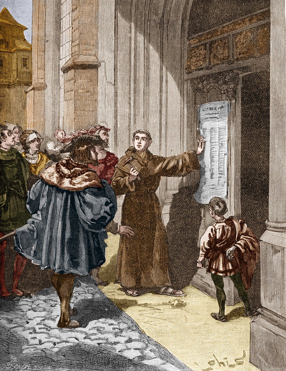 Martti Luther (1483-1546) ripustaa 95 teesiään Wittenbergissä tekijältä Unknown artist