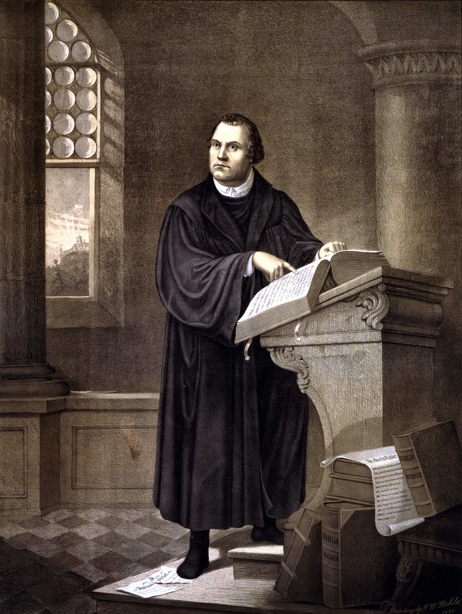 Martti Luther (1483 - 1546) lukee kirkossa. tekijältä Unknown artist