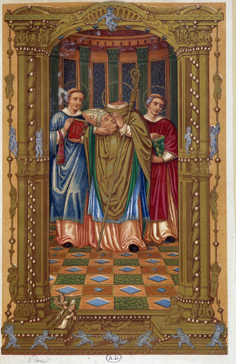 Saint Denisin marttyyrikuolema (pitää päätään käsivarsissaan), 1500-luvun asiakirjan jälkeen. tekijältä Unknown artist
