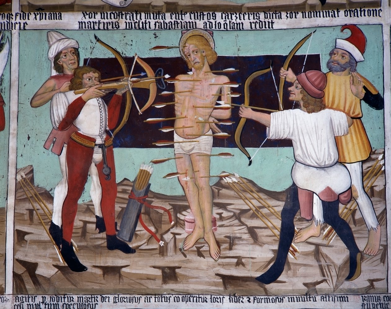 Pyhän Sebastianin marttyyrikuolema, Pyhän Sebastianin elämä (1400-luku), freskot, Pyhän Sebastianin kappeli, Villard-de-Lans, Rhône-Alpes, Ranska. tekijältä Unknown artist