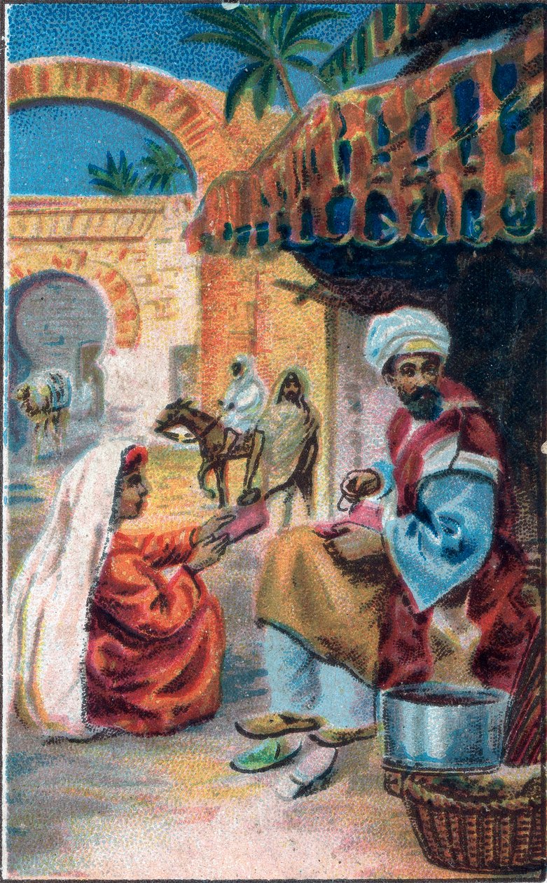 Maruf työssä: Tarina Marufista (Maruf) säästäjästä "" Tuhat ja yksi yö" (1001 yötä tai Le mille e una notte, Arabian Nights), 1800-luvun lopun kromolitografia. tekijältä Unknown artist