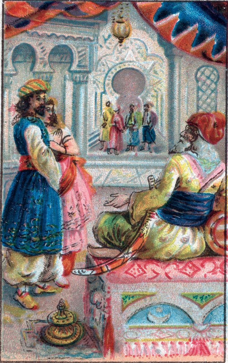 Maruf ennen kuningasta: Tarina Marufista (Maruf) säästäjästä "" Tuhat ja yksi yötä" (1001 yötä tai Le mille e una notte, Arabian Nights), 1800-luvun lopun kromolitografia. tekijältä Unknown artist