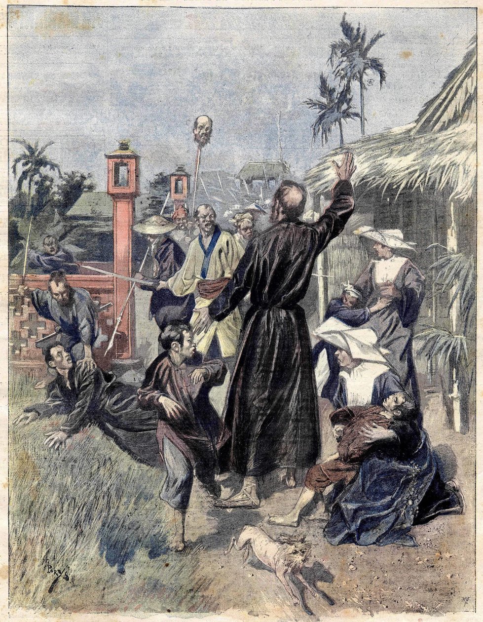 Kristittyjen verilöyly Kiinassa vuonna 1893, perustuu M. de Parysin akvarelliin Le soleil du dimanche -teokselle. lokakuuta 1893 tekijältä Unknown artist