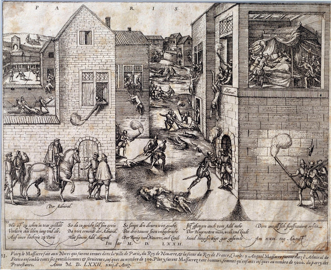 Saint Barthelemyn (Saint Barthelemyn) verilöyly Pariisissa yöllä 24. elokuuta 1572. Kaiverrus 1500-luvulta. Pau, Musee du Chateau tekijältä Unknown artist