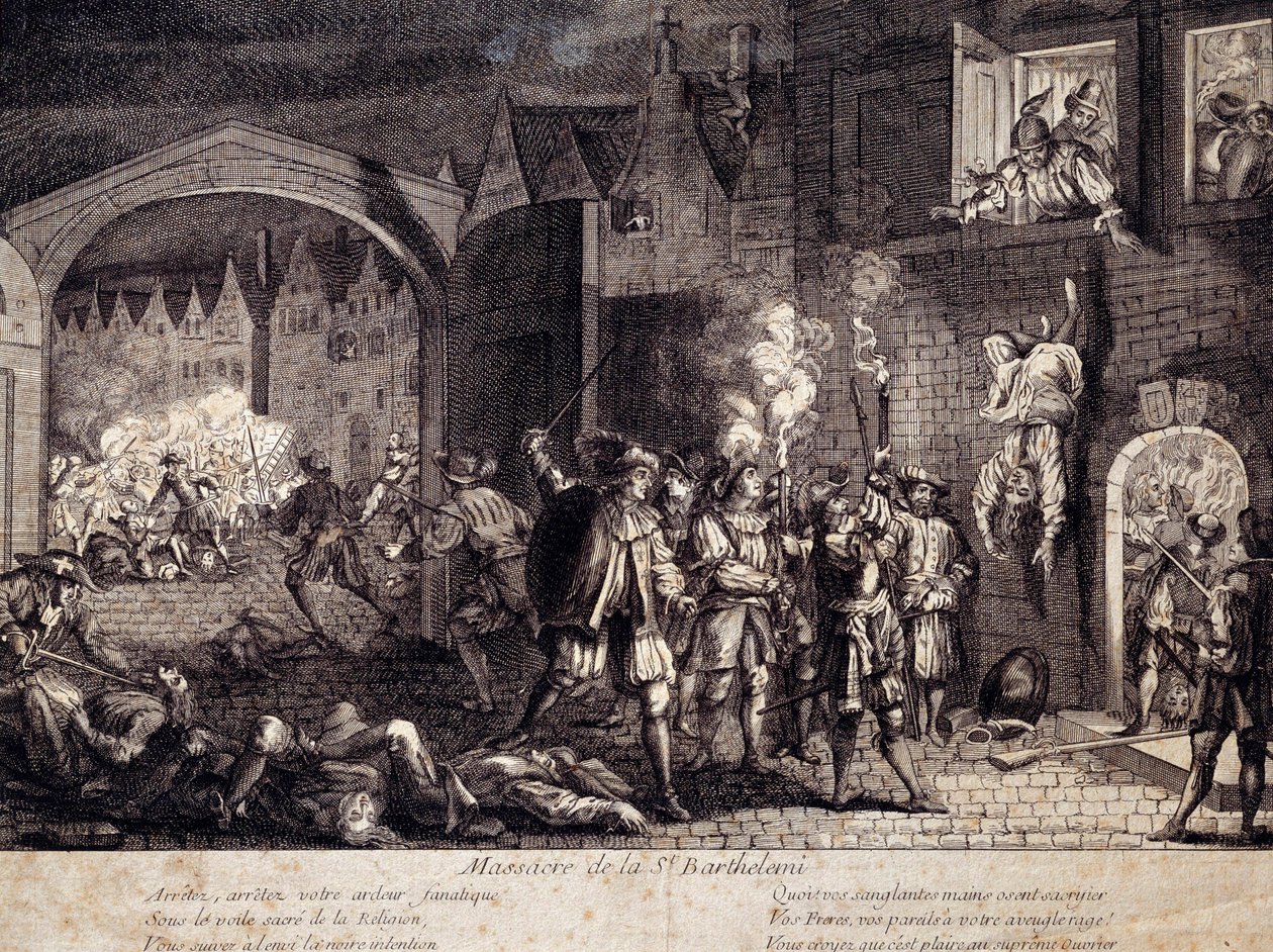 Saint Barthelemyn (Saint Barthelemyn) verilöyly Pariisissa yöllä 24. elokuuta 1572. Kaiverrus 1500-luvulta. Pau, Musee du Chateau tekijältä Unknown artist