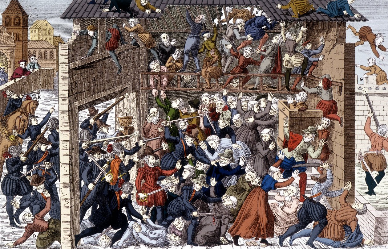 Wassyn (Vassyn) verilöyly 1. maaliskuuta 1562 Francois I Lorraine, Guisen toinen herttua (1519 - 1563). tekijältä Unknown artist