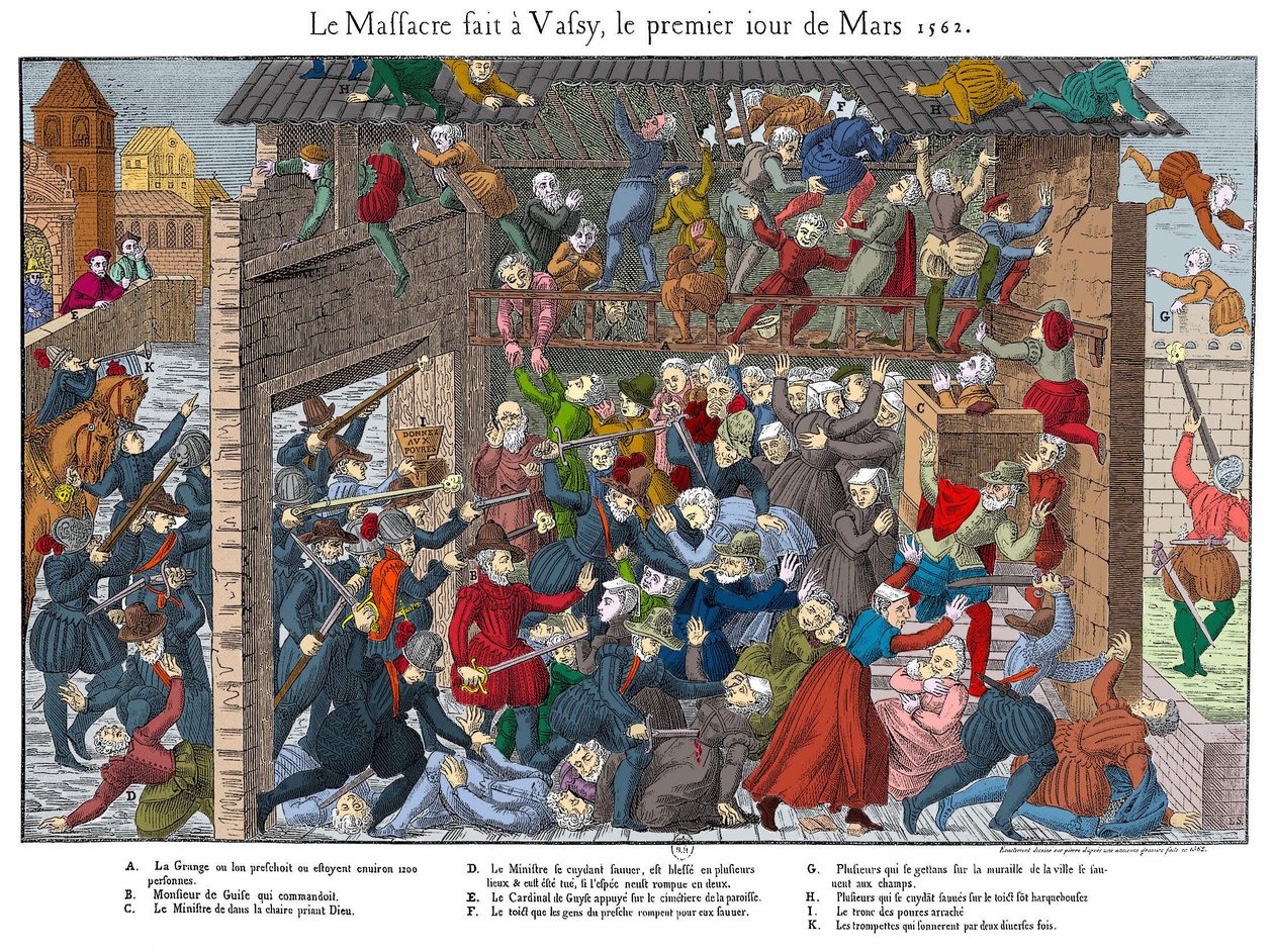 Protestanttisen väestön verilöyly Wassyssa (Vassy) 1.3.1562 Guisen kansan toimesta (uskontosotien alku) tekijältä Unknown artist