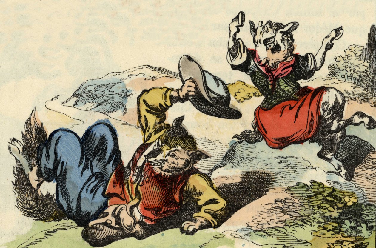 Mestari kettu leikkii Little Goatin kanssa. Kuvitus tarinasta "Bon medor ja pieni Chevrette". "" Tarinoita kodista pienimmille"". Anonyymi kaiverrus 1800-luvulta. tekijältä Unknown artist