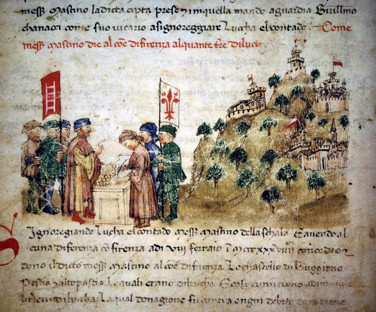 Mastino II de la Scala (1308 - 1351) antaa Firenzen kaupungille paljon maata Luccasta, noin 1300 - "Croniche del Sercambissa", noin 1400. Kansallisarkisto, Lucca. tekijältä Unknown artist