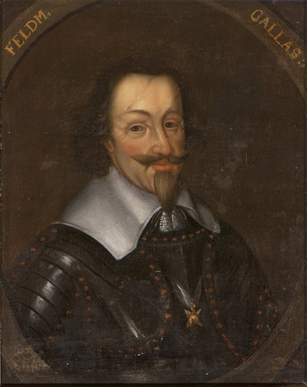 Matthias Gallas, Campon kreivi ja Luceran herttua, Itävallan kenraali - Matthias Gallas (1584-1647), Campon kreivi, Luceran herttua, Anonyymi muotokuva Öljy kankaalle. Mitat: 65 x 55 cm. Tukholman kansallismuseo tekijältä Unknown artist