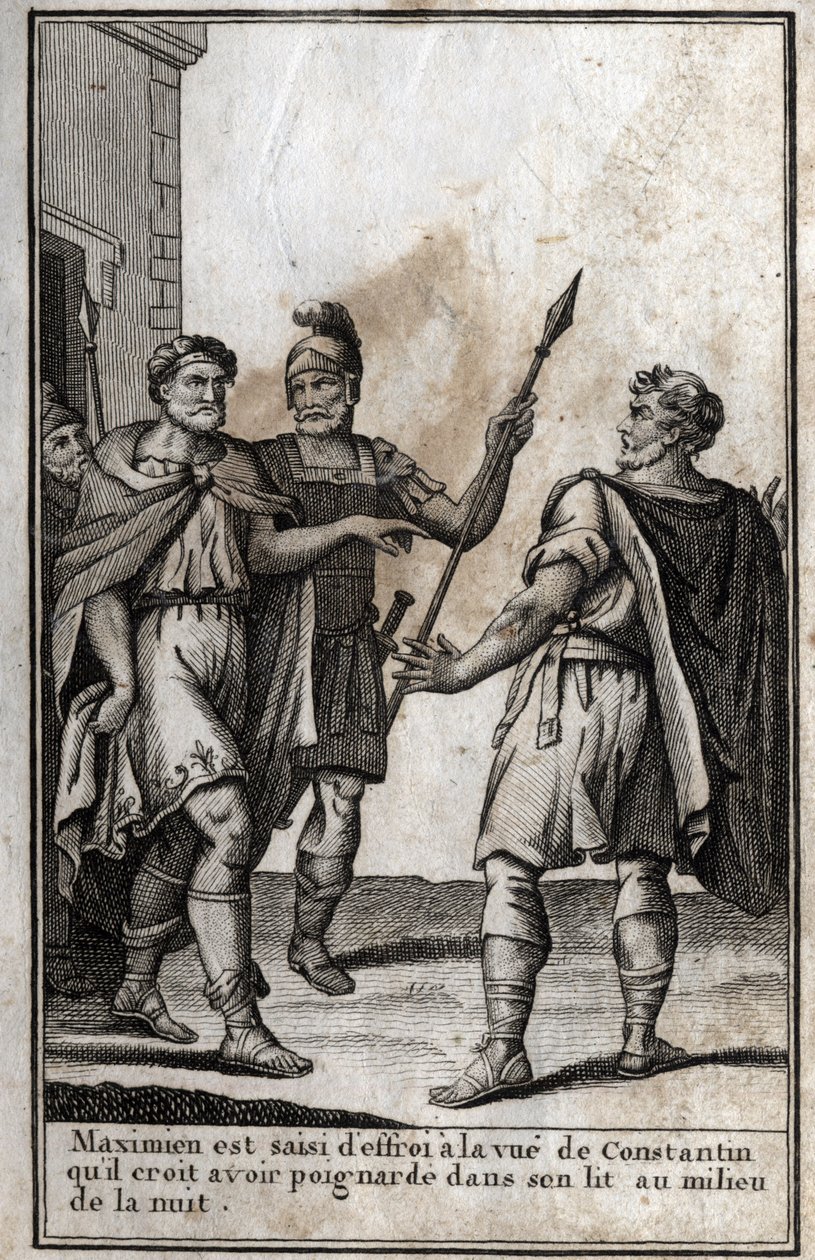 Maximian Hercules (Marcus Aurelius Valerius Maximianus) (noin 250-310), Rooman keisari, joutuu kauhuun nähdessään vävynsä Konstantinuksen (Konstantinus I, Flauius Valerius Aurelius Constantinus, 272-306) luulee puukottavansa sänkyynsä i tekijältä Unknown artist