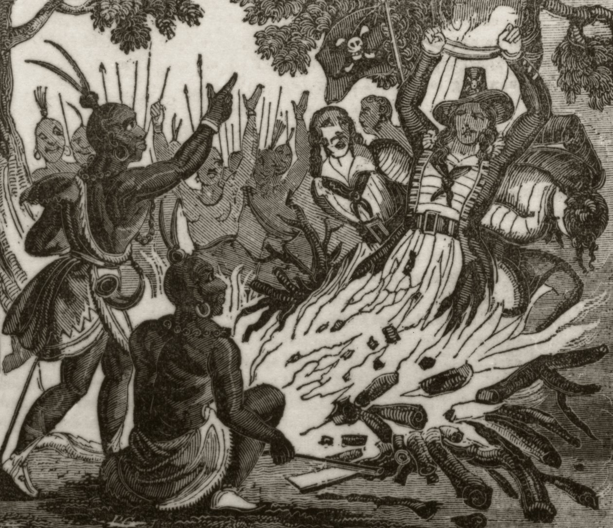 "McFarren, hänen kumppaninsa ja neljä miehistön jäsentä, jotka Sandwichsaarten alkuperäisasukkaat polttivat kuoliaaksi", n. 1836 tekijältä Unknown artist