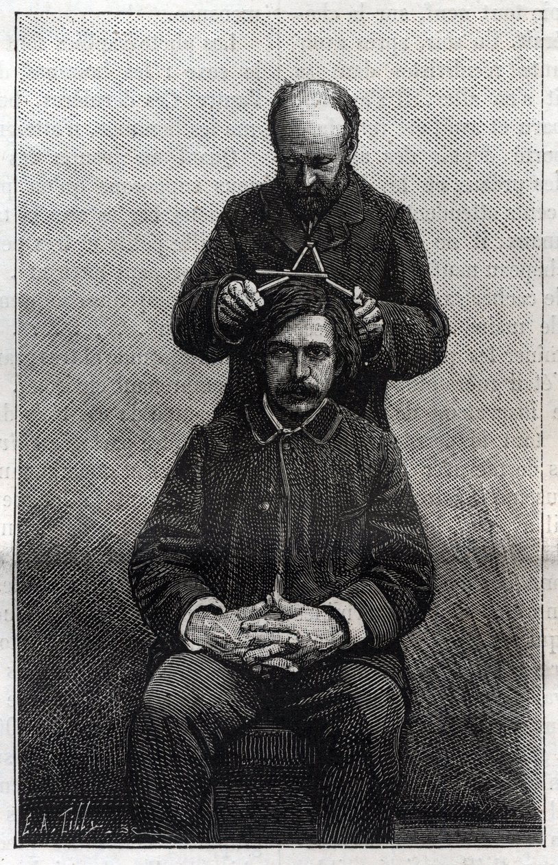 Poliisiprefektuurin pään enimmäisleveyden mittaukset Alphonse Bertillonin (1853-1914) menetelmillä, jotka tunnetaan nimellä "Bertillonnage". Kaiverrus "" La Nature"" tekijältä Unknown artist