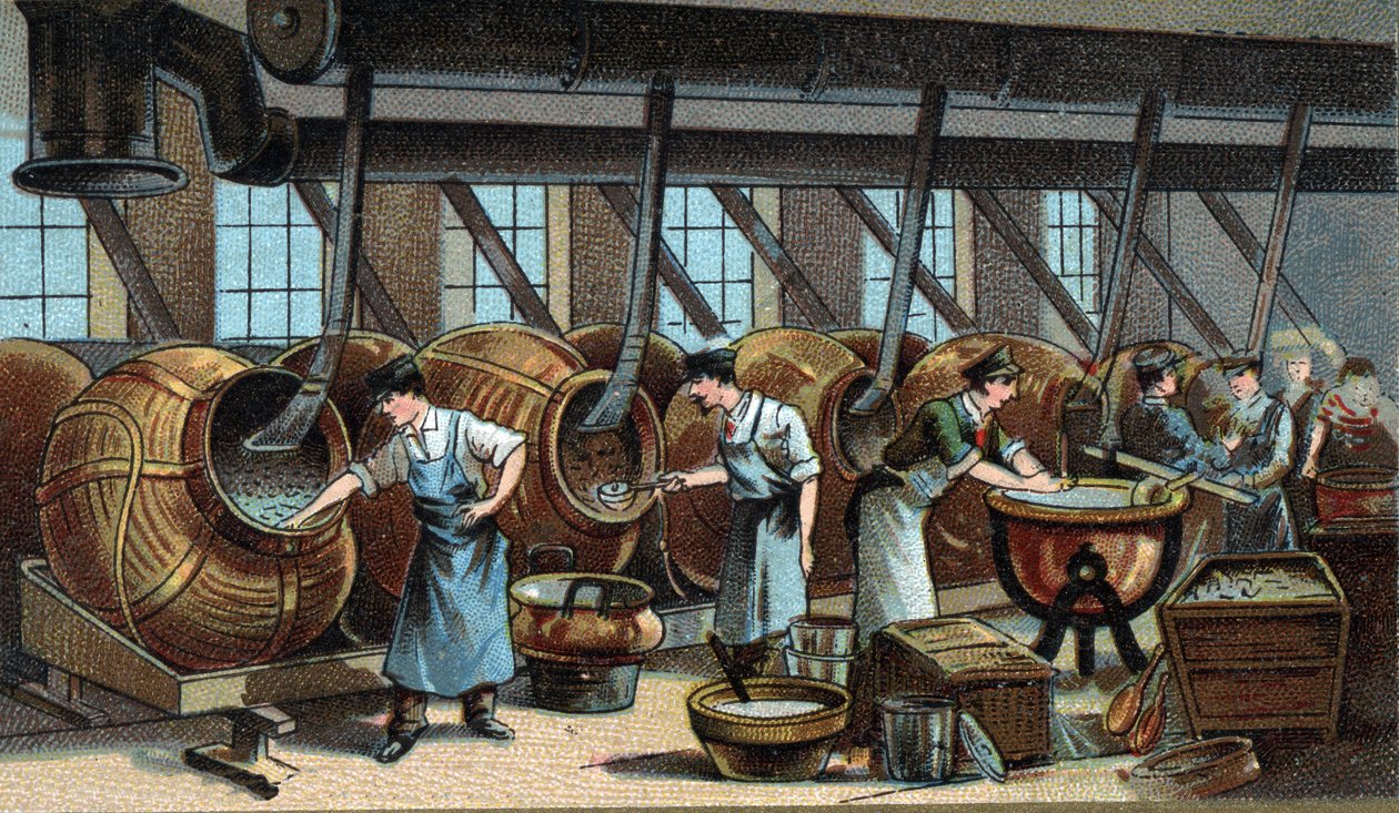 Rakeiden mekaaninen valmistus. 1800-luvun lopun kromolitografia tekijältä Unknown artist