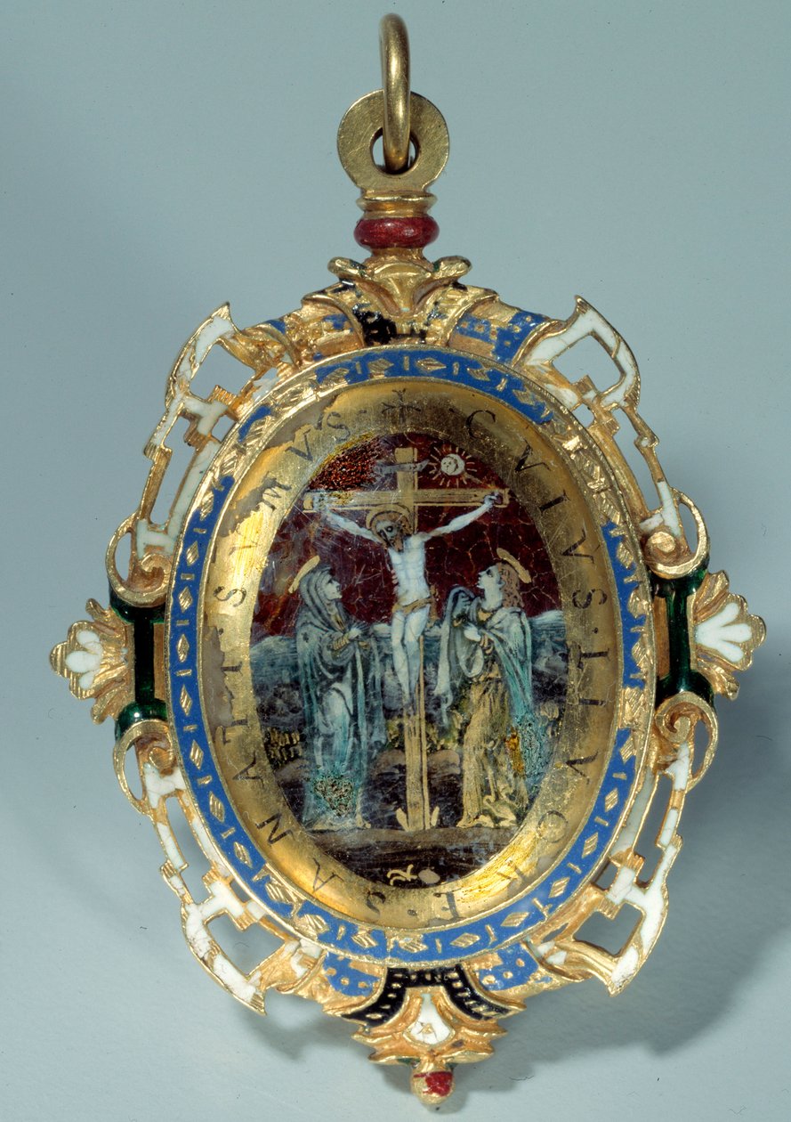 Sähköpostissa oleva medaljonki pyöreässä kultakuoppaan koristaa ristiinnaulitsemista ja Egyptiin lentoa. 1500-luvun Sun debyytti. h. 7 cm. Pariisi. Louvren taidemuseo tekijältä Unknown artist