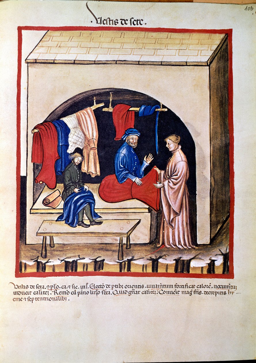 Lääkekauppa: "" silkkivaatteiden kauppias"" Sivu otettu julkaisusta "" Tacuinum sanitatis"" (Cod. ser. nov. 2644) Noin 1400 Wien, Itävallan kansalliskirjasto tekijältä Unknown artist
