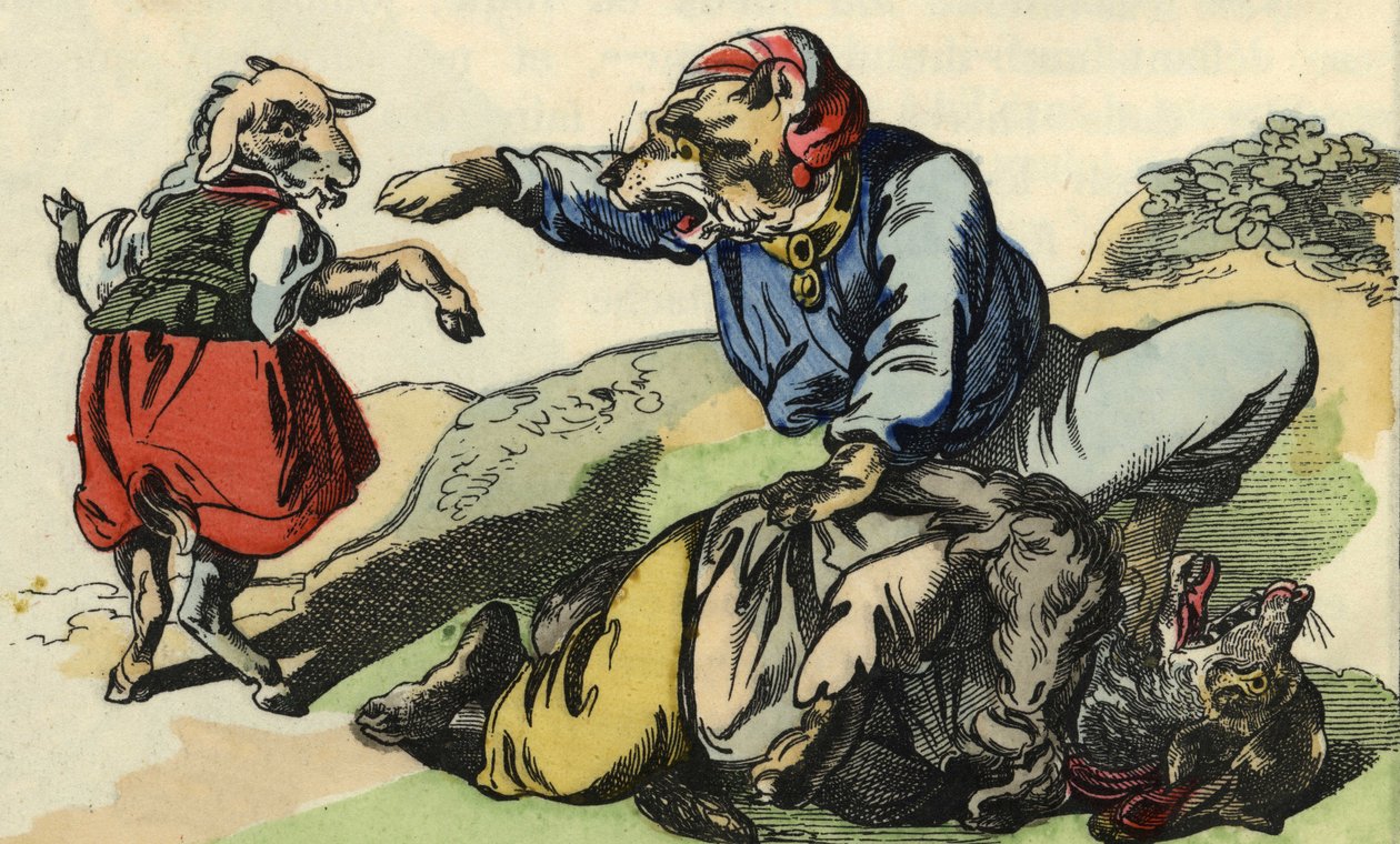 Medor pelastaa Pikkukokin sudelta. Kuvitus tarinasta "Bon medor ja pieni Chevrette". "" Tarinoita kodista pienimmille"". Anonyymi kaiverrus 1800-luvulta. tekijältä Unknown artist