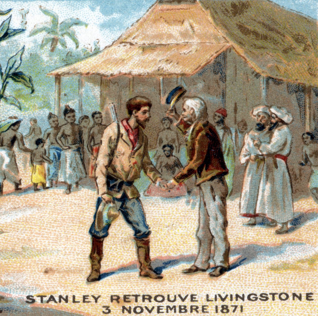 Sir Henry Morton Stanleyn (1841-1904) ja David Livingstonen (1813-1873) tapaaminen vuonna 1871 tekijältä Unknown artist