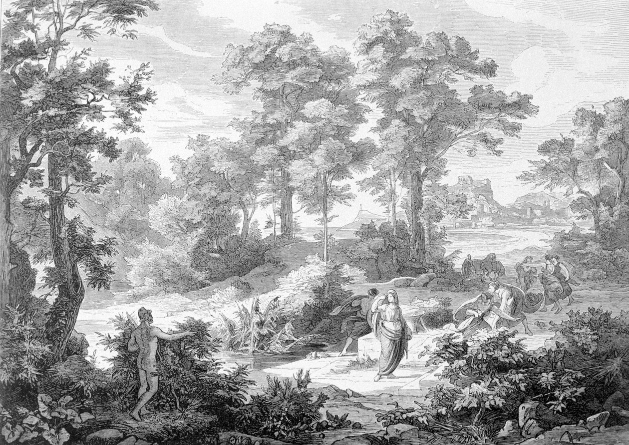 Tapaaminen joen lähellä makaavan Ulyssesin ja Nausicaan välillä. Kaiverrus 1800-luvun lopulta. tekijältä Unknown artist
