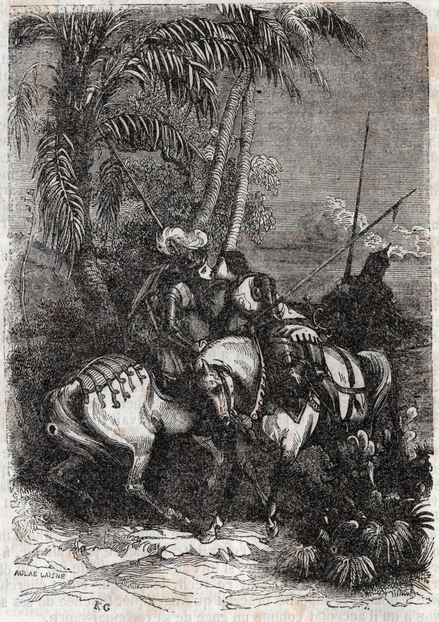 Marphisen (Marfisa), Astolphen (Astolfo) ja Sansonnetin (Sansonetto) tapaaminen - kaiverrus vuodelta 1851 Ludovico Arioston "" Roland furieux