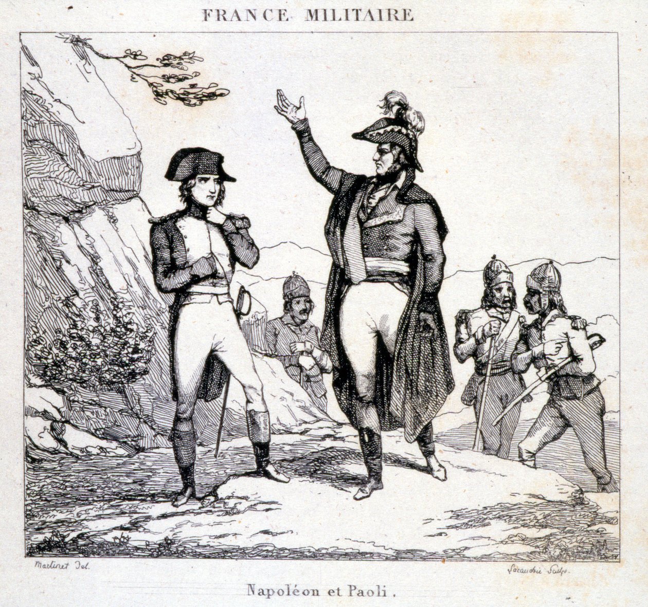 Napoleon Bonaparten ja Pasqualen tai Pascal Paolin (1725 - 1807) tapaaminen, Patriote Corsica. Kaiverrus 1800-luvulta. tekijältä Unknown artist