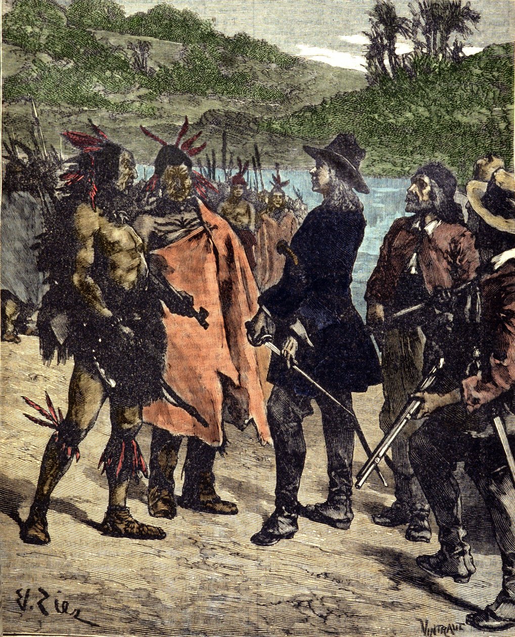 Robert Cavelier de La Sallen (1643-1687) tapaaminen Amerikan intiaanien kanssa. Kaiverrus 1800-luvulta. tekijältä Unknown artist