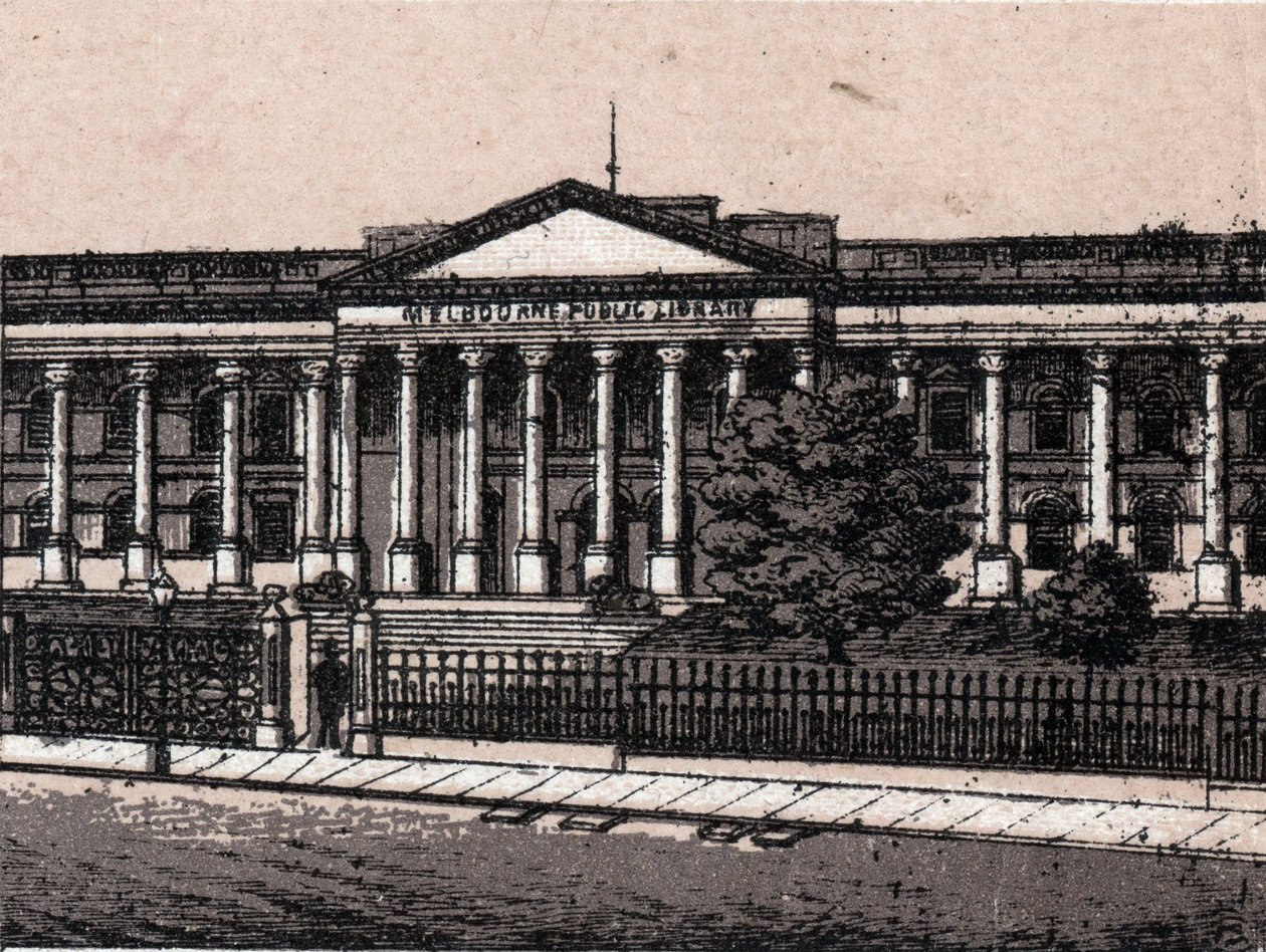 Melbourne, Australia: näkymä julkisesta kirjastosta. kirjassa "" Maailma havainnollistaa 168 näkymää"" Päiväämätön (1800-luvun loppu) tekijältä Unknown artist