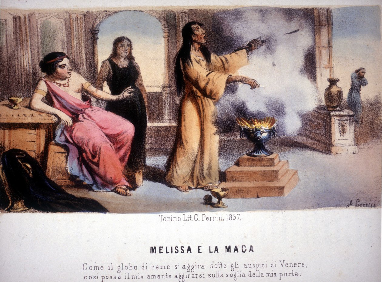 Melissa ja noita: ""Samalla tavalla kuin kuparipallo on Venuksen vaikutteita, jotta rakastajani ilmestyy ovelleni". 1857. tekijältä Unknown artist
