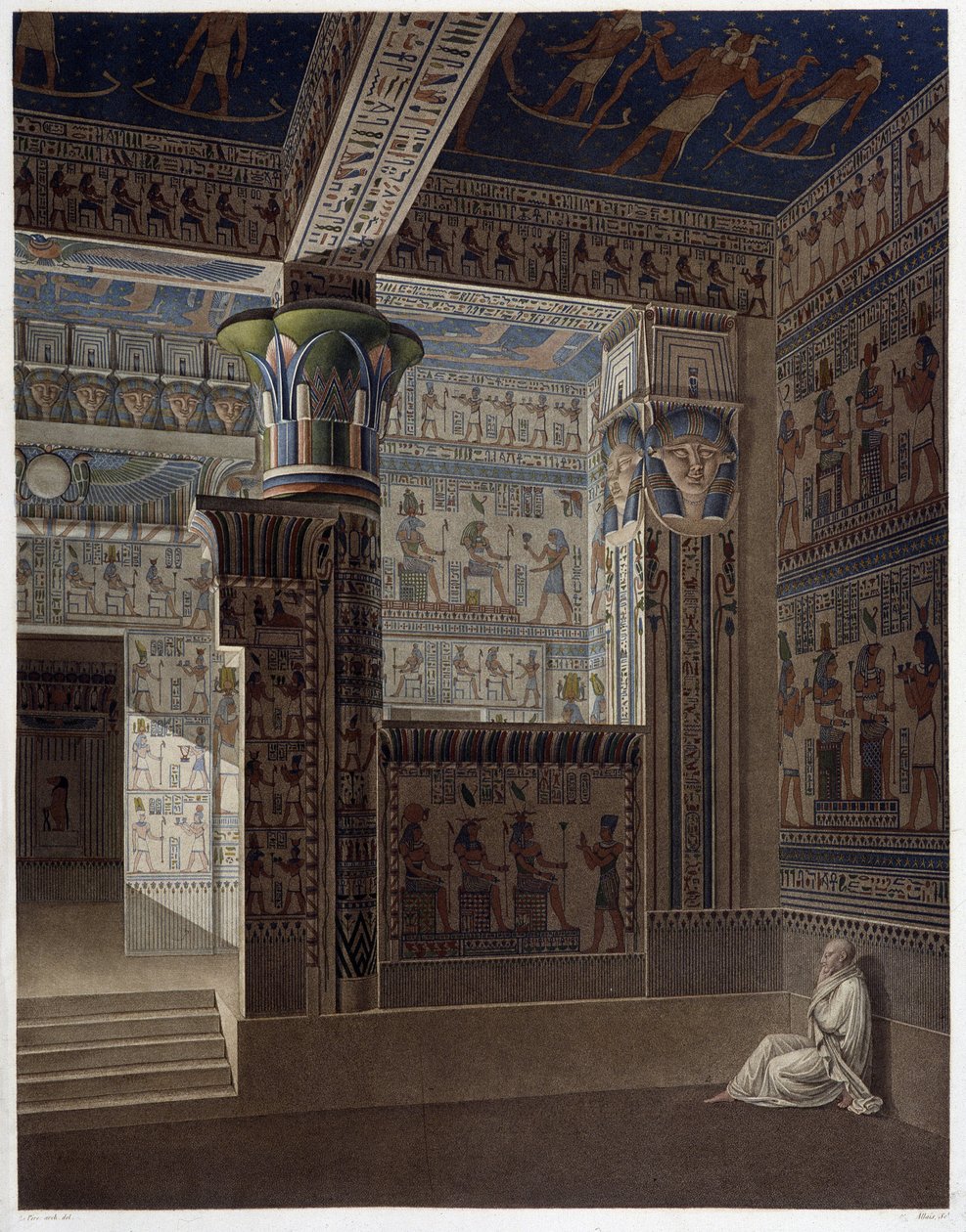 Memnonium Thebes, pl 37: Värikäs sisäpuolen perspektiivinäkymä lännen temppelistä - "" Egyptian Antiquites" -julkaisussa, sd. 1800-luvulla tekijältä Unknown artist