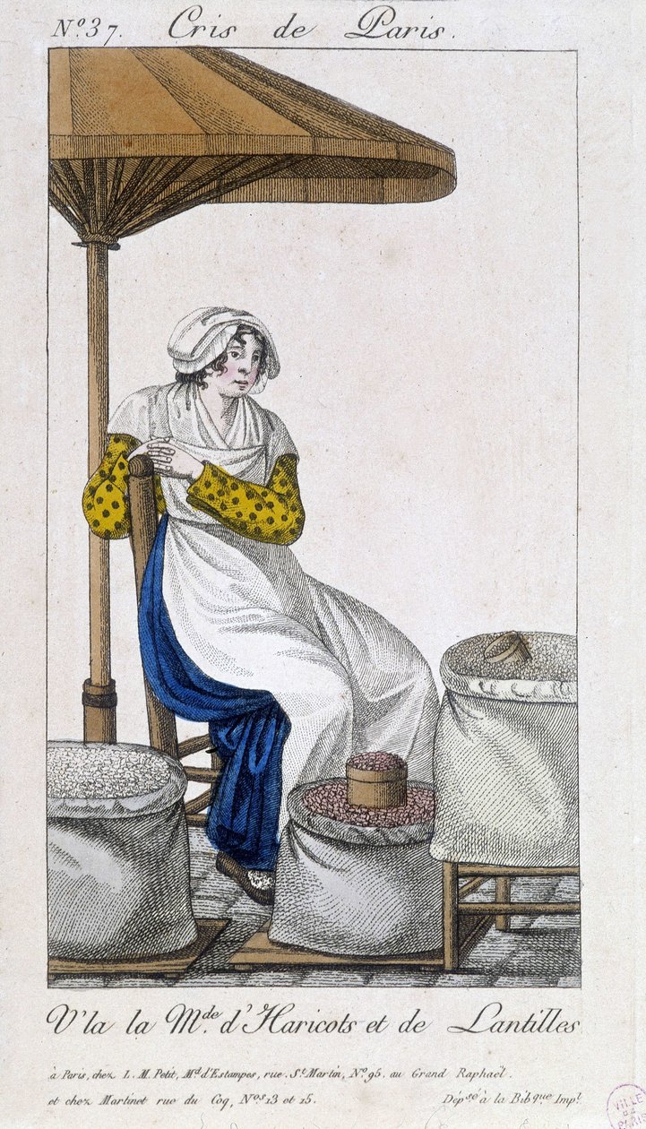Papujen ja kuivattujen linssien kauppias - paikassa “” Cris de Paris”, deb. 1800-luvulla tekijältä Unknown artist
