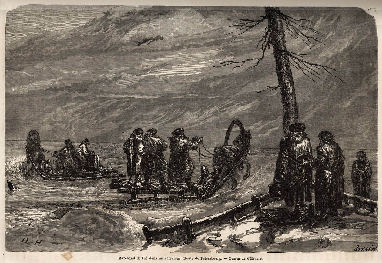 Ambulanssin kauppias, on Pietariin johtavan tien risteys. Henrietin piirros havainnollistamaan hänen matkaansa Venäjän Baltian maakuntiin vuosina 1851-54. Kaiverrus kirjassa "" Le tour du monde", toimittanut Edouard Charton tekijältä Unknown artist