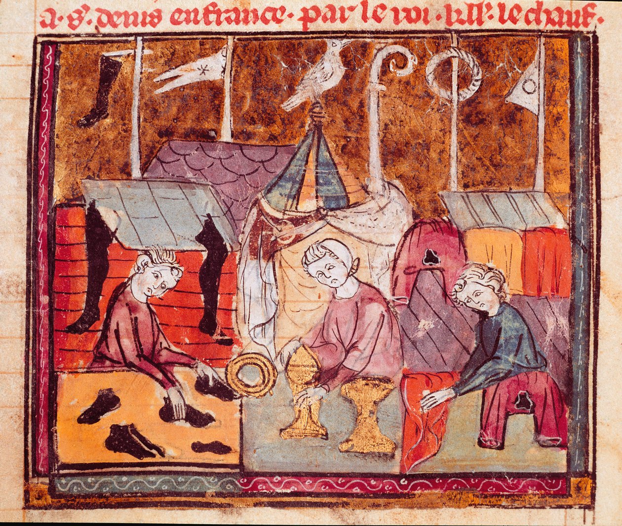 Kauppiaat (suutari, kultaseppä, kangaskauppias) Lenditin messuilla lähellä Saint Denis Miniature from "" Grandes Chronicles de France"" 1375-1379 Municipal Library, Castres tekijältä Unknown artist