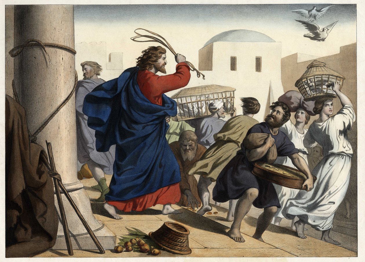 Kauppiaat ajoivat ulos temppelistä. Anonyymi kaiverrus 1800-luvun puolivälistä. tekijältä Unknown artist