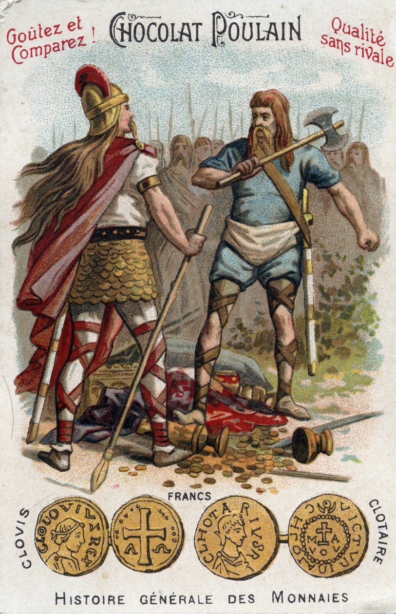 Merovingiens: Clovis ampui alas Soissons-aluksen rikkoneen sotilaan vuonna 486. Teoksessa General History of Coins. Suklaa-varsa kromolitografia 1800-luvun lopulla. Yksityinen kokoelma. tekijältä Unknown artist