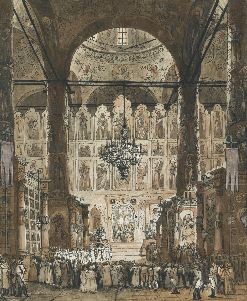 ""Messu Moskovan Kremlin katedraalissa, Venäjä"" (Messu Moskovan Kremlin katedraalissa) Nimetön guassi noin 1850 Yksityinen kokoelma tekijältä Unknown artist