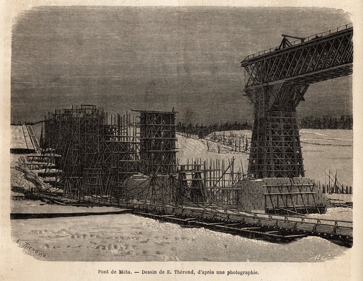 Meta Bridge (Ukraina), rakenteilla. Kaiverrus La Russie libreä havainnollistamaan, William Hepworth Dixon, vuonna 1869, julkaistu "" Le tour du monde""" 1872, toimittanut Edouard Charton, Hachette painos, Pariisi. Selva Collection. tekijältä Unknown artist