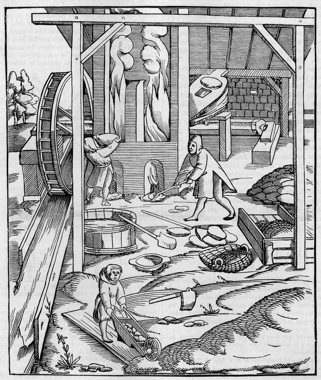 Hydraulimoottorilla toimiva metallinen uunipuhallin. Fac-simile (Fac-simile) kaiverruksesta, joka on julkaistu Sebastien Munsterin "" Cosmographie" -julkaisussa (1555). Kaiverrus "" La Nature: revue des sciences et de leurs applications aux arts et a l