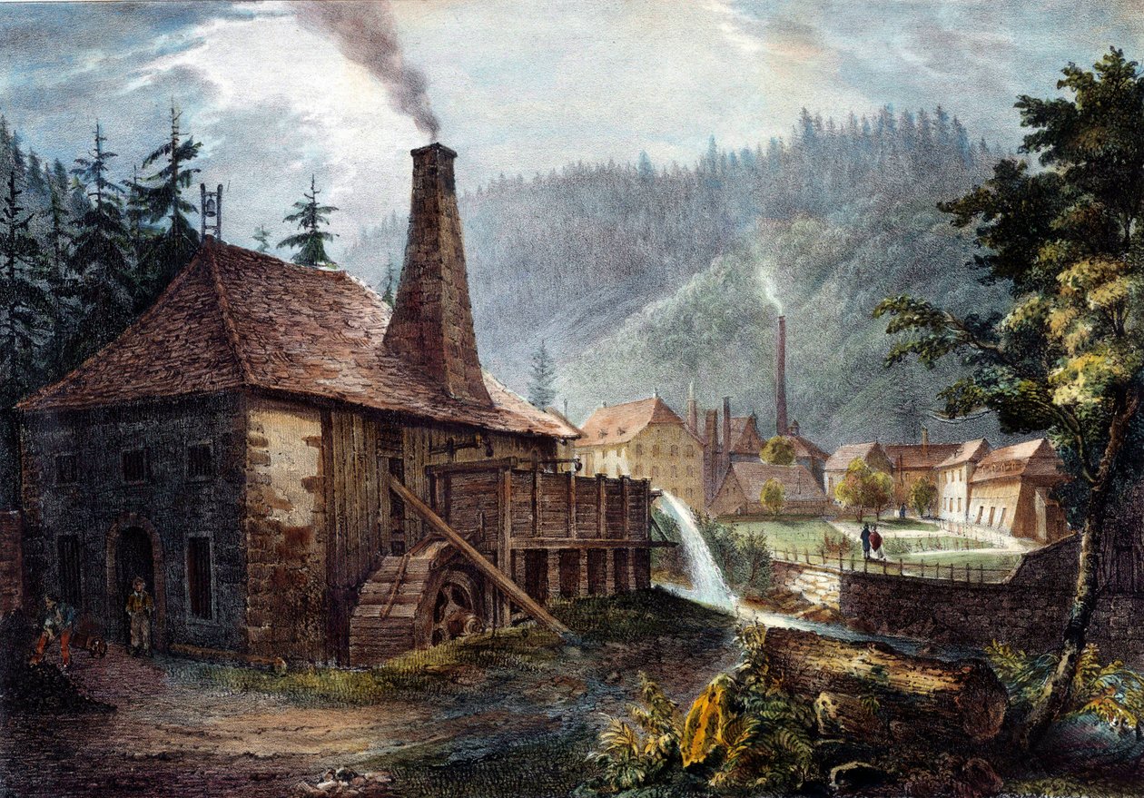 Metallurgia: Näkymä Framontin takomoista. Litografia noin 1850. Nancy, historiallinen museo Lorraine tekijältä Unknown artist