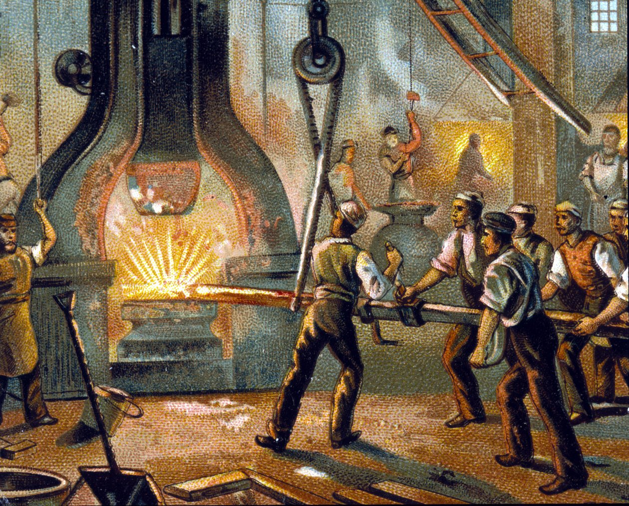 Metallurgia: rumpuvasara (rumpuvasara) - raudan valmistus. kromolitografi 1890. tekijältä Unknown artist