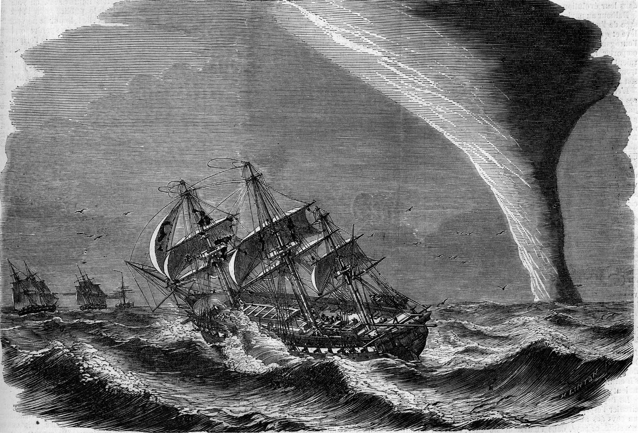 Meteorologinen ilmiö: nokka merellä. Lintonin kaiverrus kirjassa "" The Illustrous World"" nro 49, 20. maaliskuuta 1858. tekijältä Unknown artist